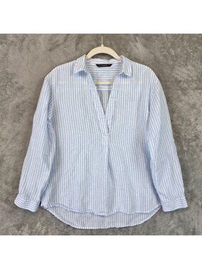 Dunnes Stores Blouse Womens M Blue Striped Collared Long Sleeve Linen Tunic